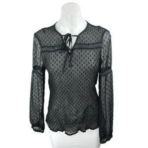 Peacocks Black Sheer Mesh Long Sleeve Swiss Dot Tie Neck Blouse Top Size 10